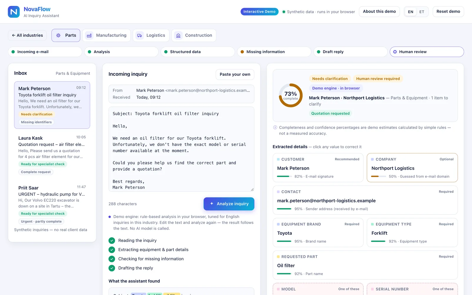 NovaFlow Inquiry Assistant demo: an incoming inquiry with extracted customer, equipment and part details and their completeness